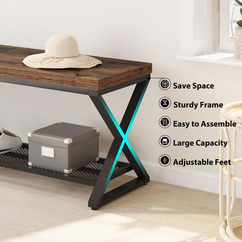 LVB Rustic Brown Industrial Entryway Bench with Storage, Indoor Wood and Metal Storage for Living Room Bedroom
