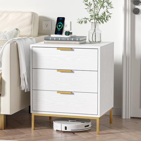 Skokliz Bedside Table with 3 Drawers, White Nigntstand for Bedroom, Wood Fluted End Table for Living Room, Small spaces