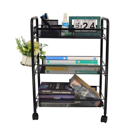 OVICAR Kitchen Trolley:Rolling Utility Cart Basket Stand for Kitchen & Bathroom, Full Metal Storage Art Trolley Carts with Wheels & 4 Side Hooks