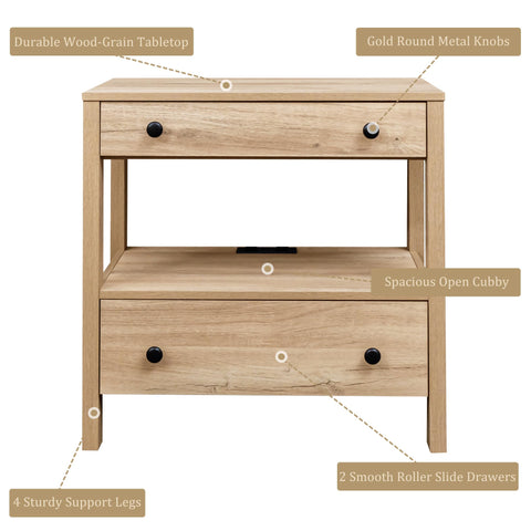 MINCETA Nightstand with Charging Station, Wood Storage End Table with 2 Drawers & Open Shelf