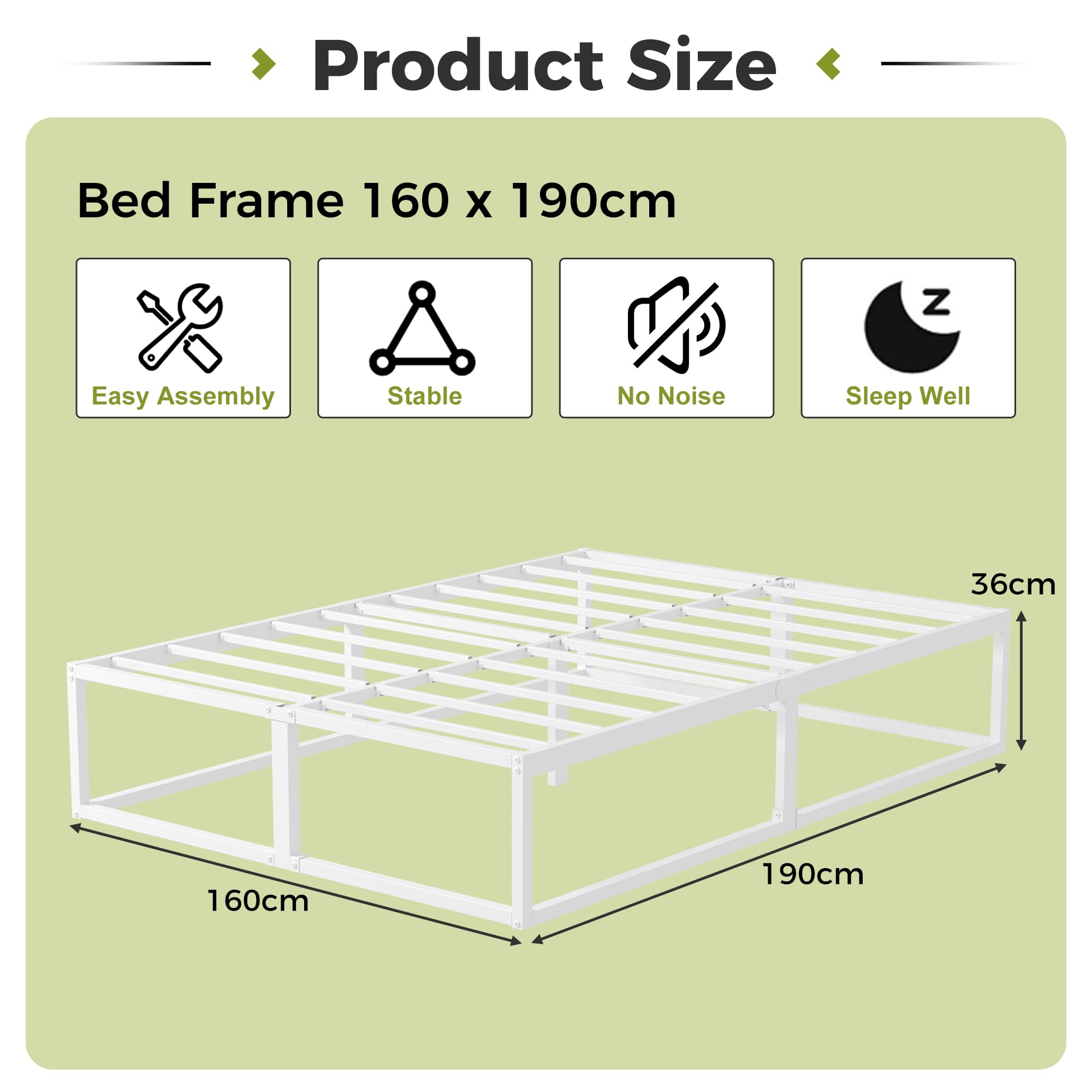 EMODA Metal Bed Frame 36cm High with Steel Slats Support, 160 x 190cm Heavy Duty Bed Frame Solid Platform, Noise Free, Easy Assembly, White