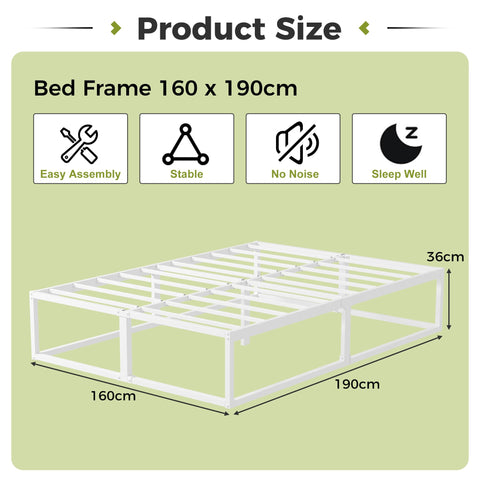EMODA Metal Bed Frame 36cm High with Steel Slats Support, 160 x 190cm Heavy Duty Bed Frame Solid Platform, Noise Free, Easy Assembly, White