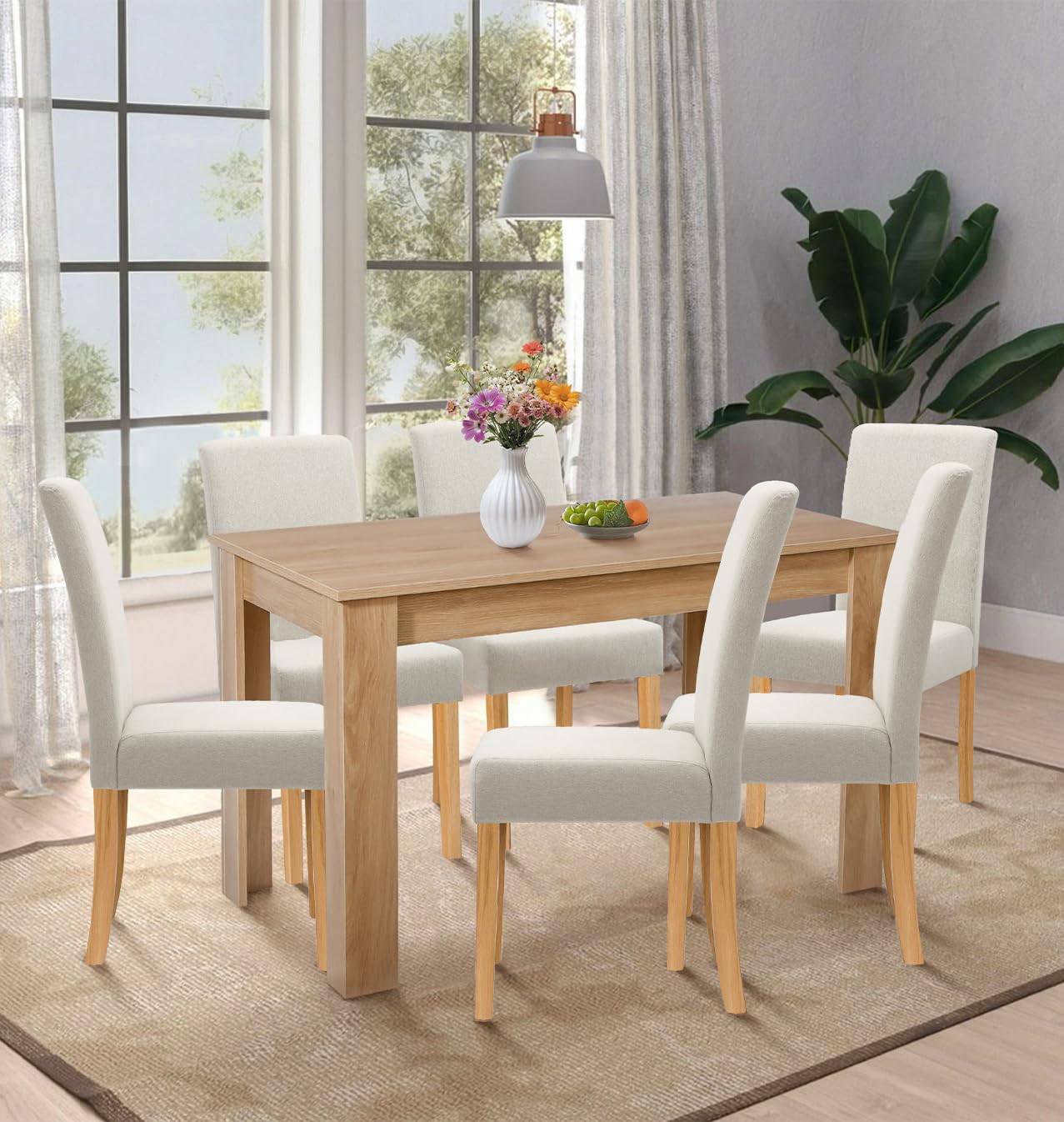 Hallowood Furniture Newquay Large Oak Dining Table and Chairs Set 6, Beige