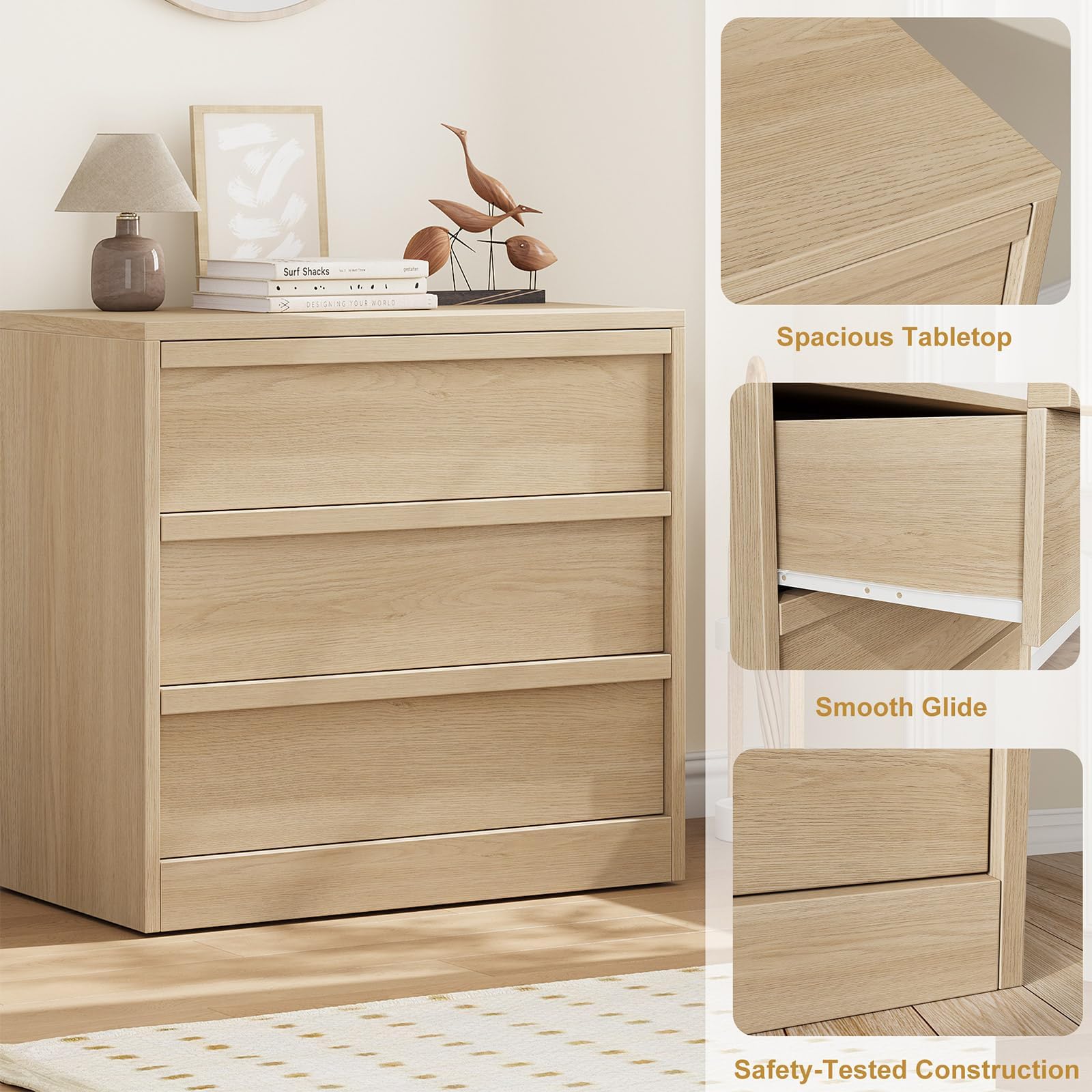 Crevyteg Modern 3-Drawer Storage Cabinet, Wooden Handle Dresser with Smooth Gliding, Sturdy Bedside Table for Bedroom, Living Room, Nursery Entryway