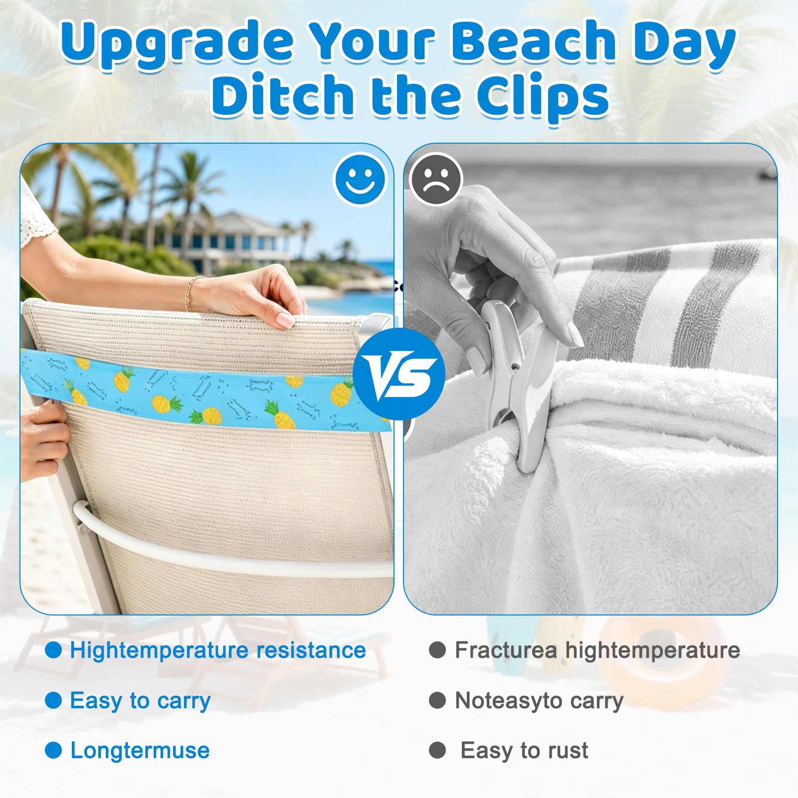 KASURE 8 Pack Beach Towel Bands for Sun Loungers, Beach Elastic Bands, Cruise Essentials Accessories, Non-Slip Chair Towel Holders for Beach,Pool