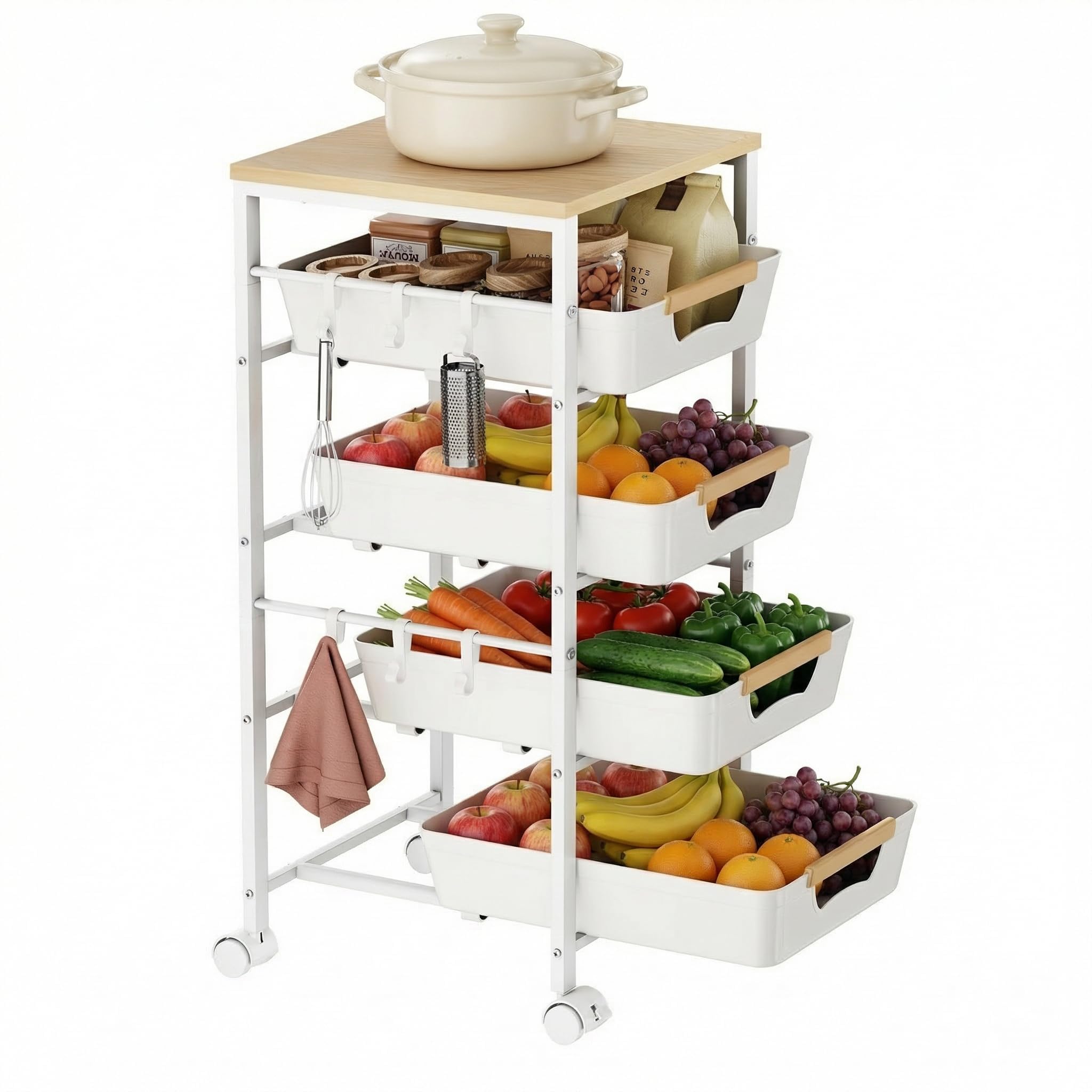 Uwoodia 5-Tier Slim Storage Trolley on Wheels, Metal Kitchen Rolling Cart with Pull-Out Baskets
