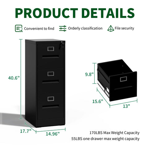 IKIMI Black Metal File Cabinet with 3 Drawer,Vertical File Cabinet with Lock for A4/Letter/Legal Size Files,Steel Filing Cabinets for Home
