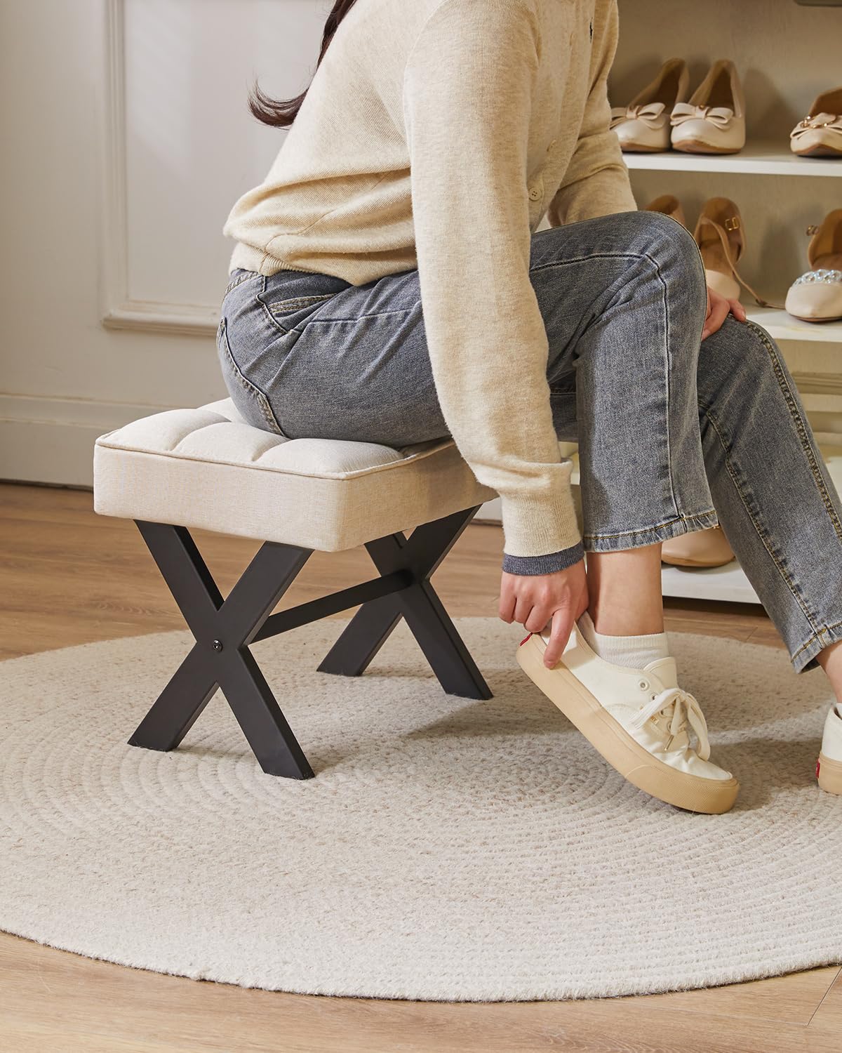 IBUYKE Small 12" H Footrest, Square Linen Step Stool, Linen WBD011Y