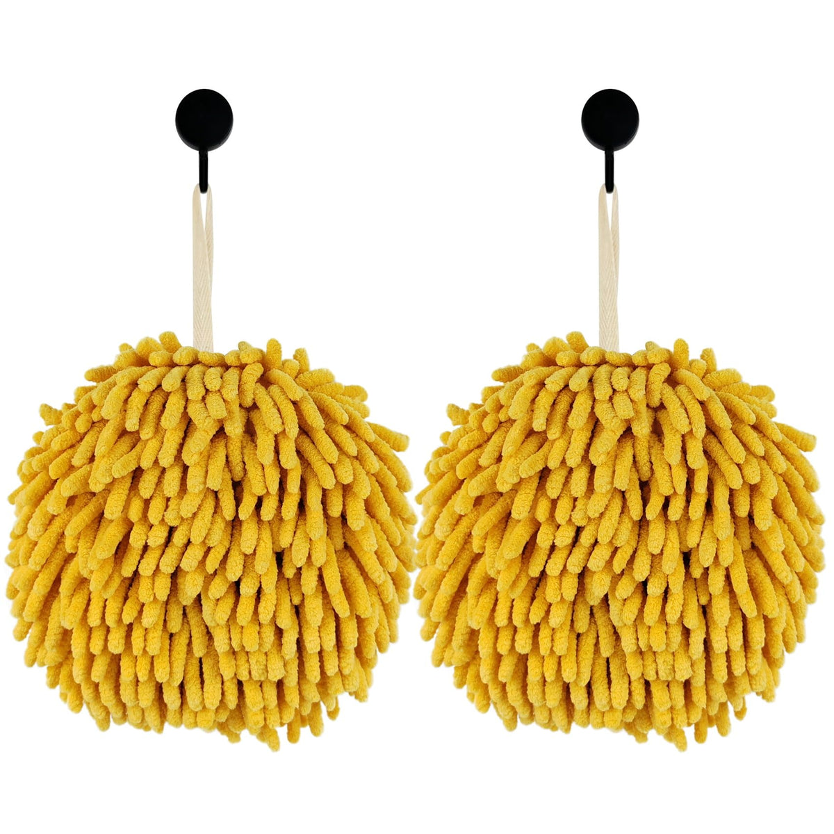 Fuzzy Ball Hand Towels, Set of 2, Chenille Quick Dry, 6.9inch(yellow)