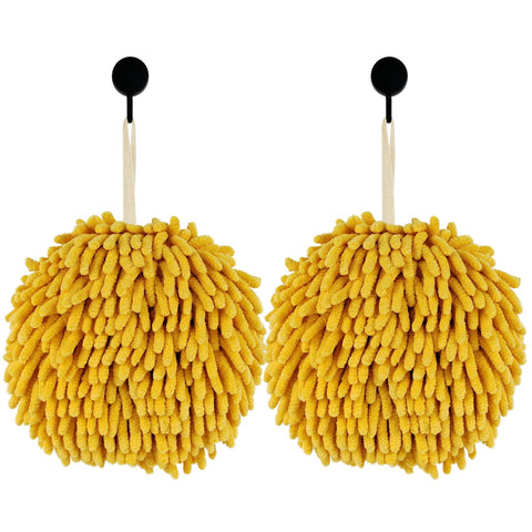 Fuzzy Ball Hand Towels, Set of 2, Chenille Quick Dry, 6.9inch(yellow)
