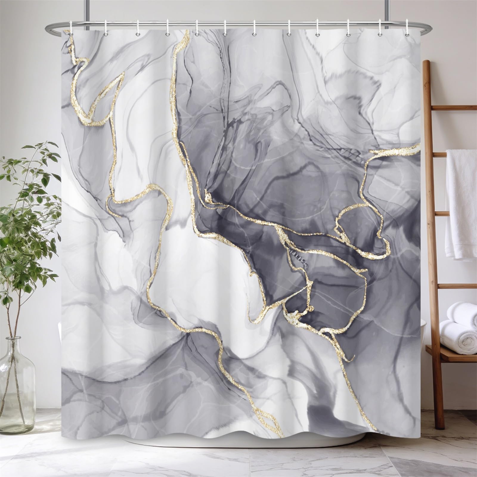 Kzzfqxb 180x200cm Shower Curtains with Plastic Hooks, Waterproof Occluded Grey Marble Texture Golden Curve Lines Flowing Smoke Art Pattern for Bath