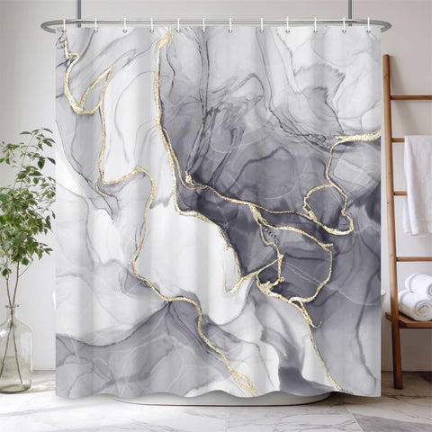 Kzzfqxb 180x200cm Shower Curtains with Plastic Hooks, Waterproof Occluded Grey Marble Texture Golden Curve Lines Flowing Smoke Art Pattern for Bath