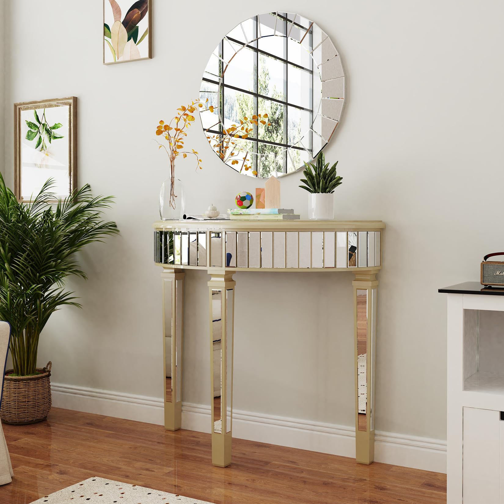 Artloge Half Moon Console Table Mirrored : Silver Hallway Table 90 x 35 x 80.5cm Aesthetic Elegant Glass Console Tables with Sturdy Square Column Leg