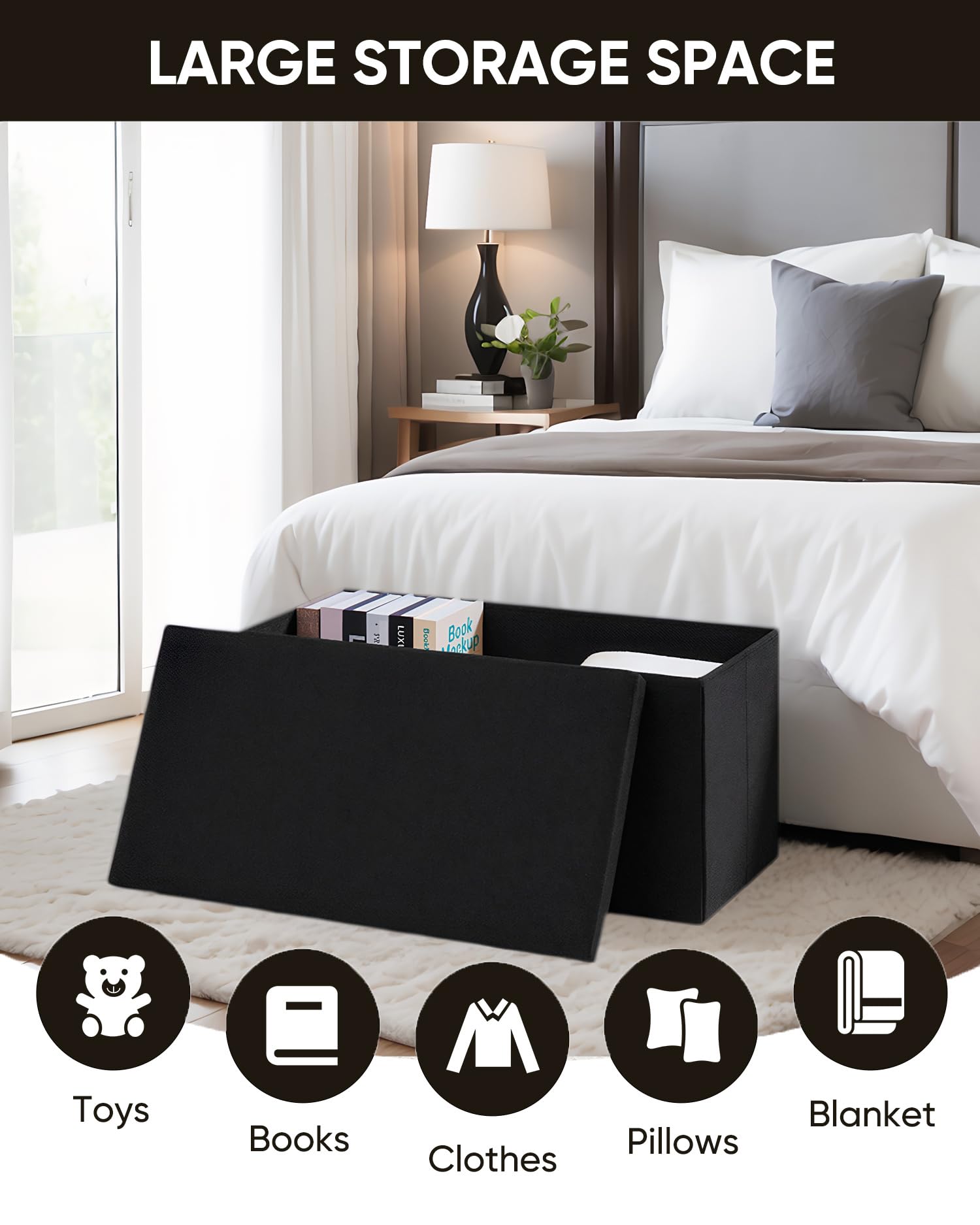Bonlife Large Storage Ottoman Bench, Foldable Footstool with Tray