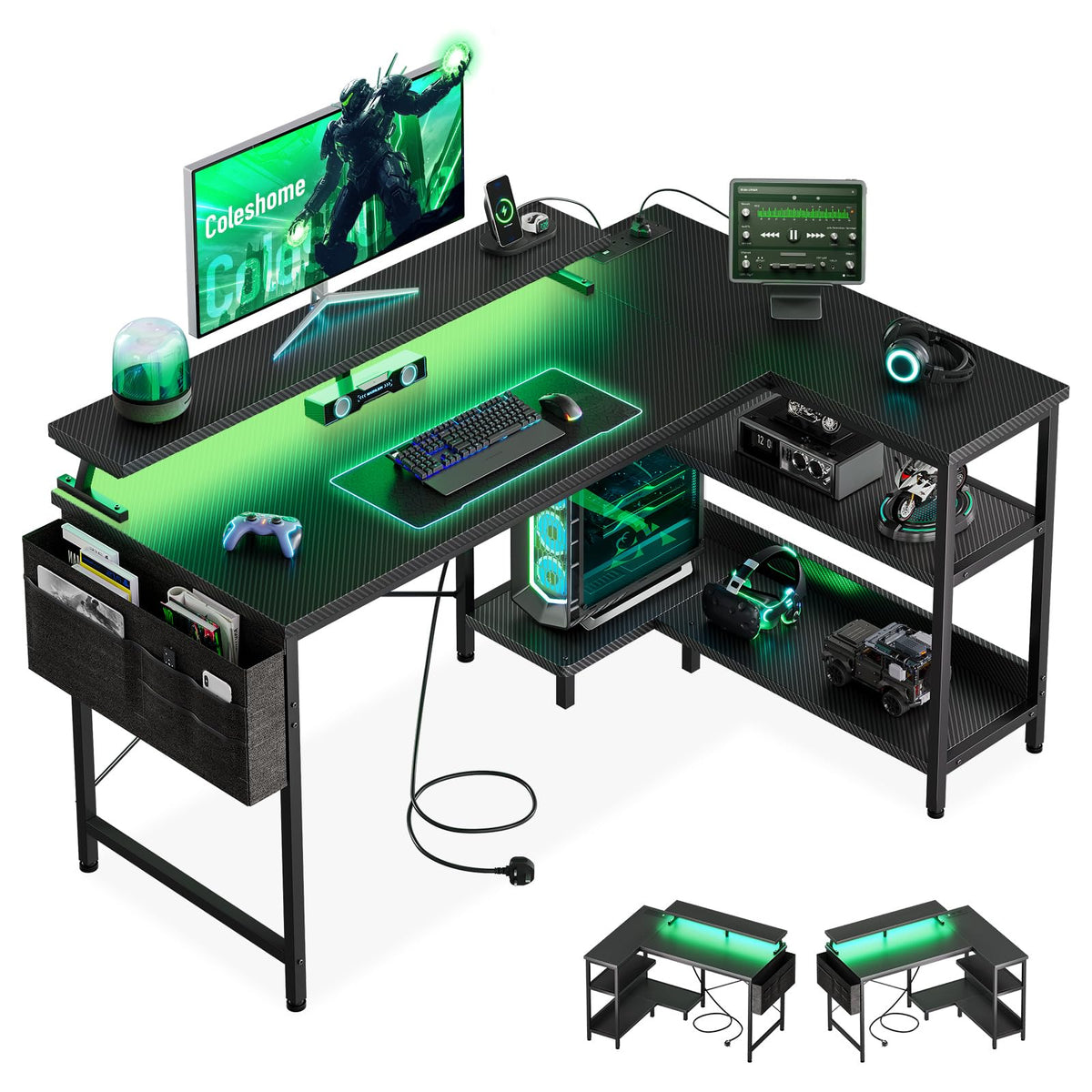 Coleshome L Shaped Gaming Desk with LED Lights & Power Outlet, 120x80 cm
