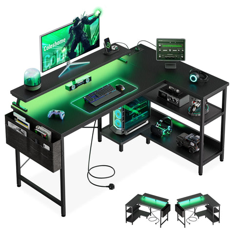 Coleshome L Shaped Gaming Desk with LED Lights & Power Outlet, 120x80 cm