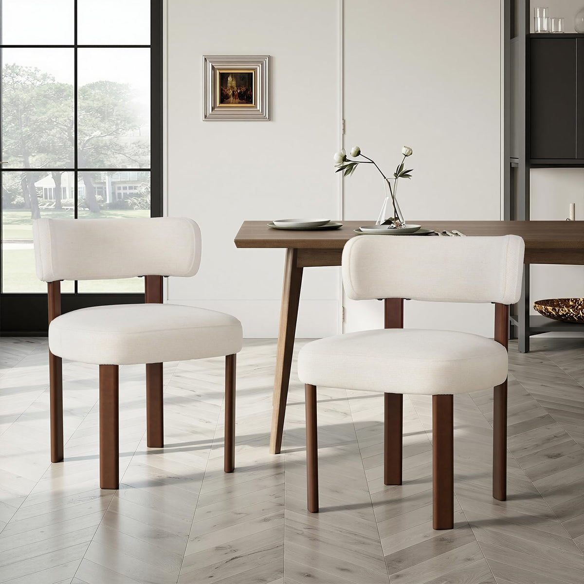 COLAMY Wooden Dining Chairs Set of 2, Fabric Chairs for Dining Room with Open Curved Backrest and Thick Seat Cushion
