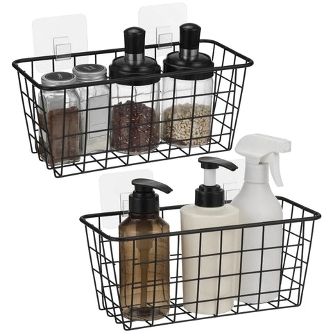 yeesport 2 Pack Black Wire Storage Baskets, Wall Mounted Carbon Steel Storage Bins with Traceless Adhesive, Small Pantry Baskets for Kitchen