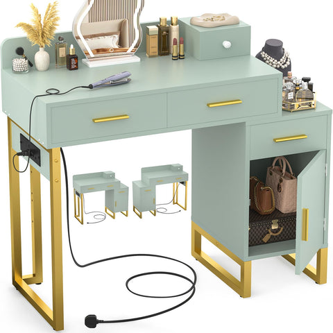 iSunirm Dressing Table Vanity Desk with 4 Storage Drawers - Modern Makeup Desk with Charging Station
