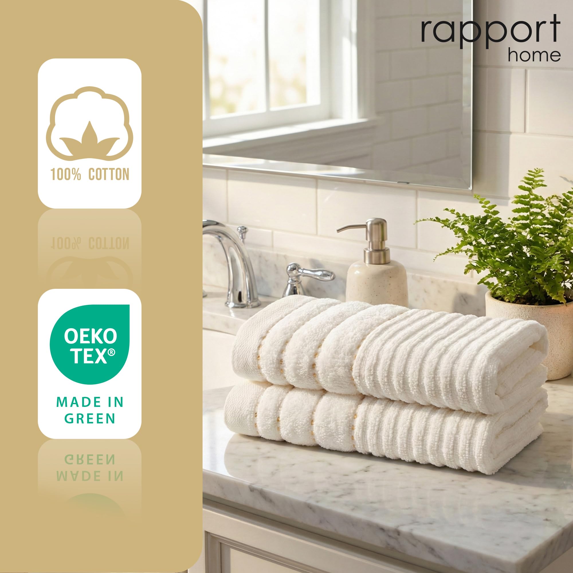 Rapport Home Linear Bath Towels 2-Pack | Ivory Cream | 70x120cm | 100% Cotton 500gsm | Oeko-Tex Made in Green & BCI Certified