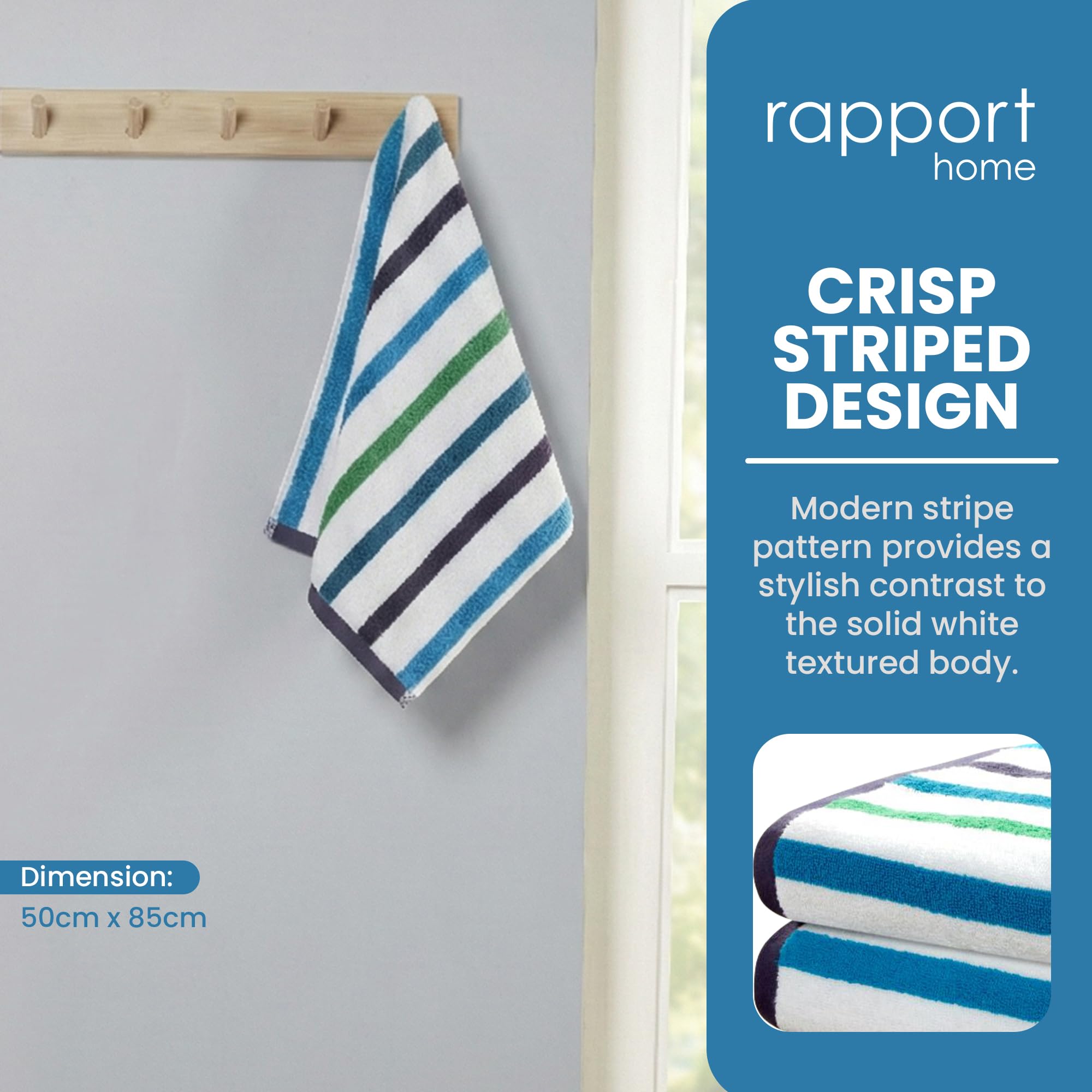 Rapport Home Amalfi Hand Towels 2 Pack | Blue | 50x85cm | Luxurious 500GSM 100% Cotton | Oeko-Tex Certified Absorbent & Soft Bathroom Towel Set