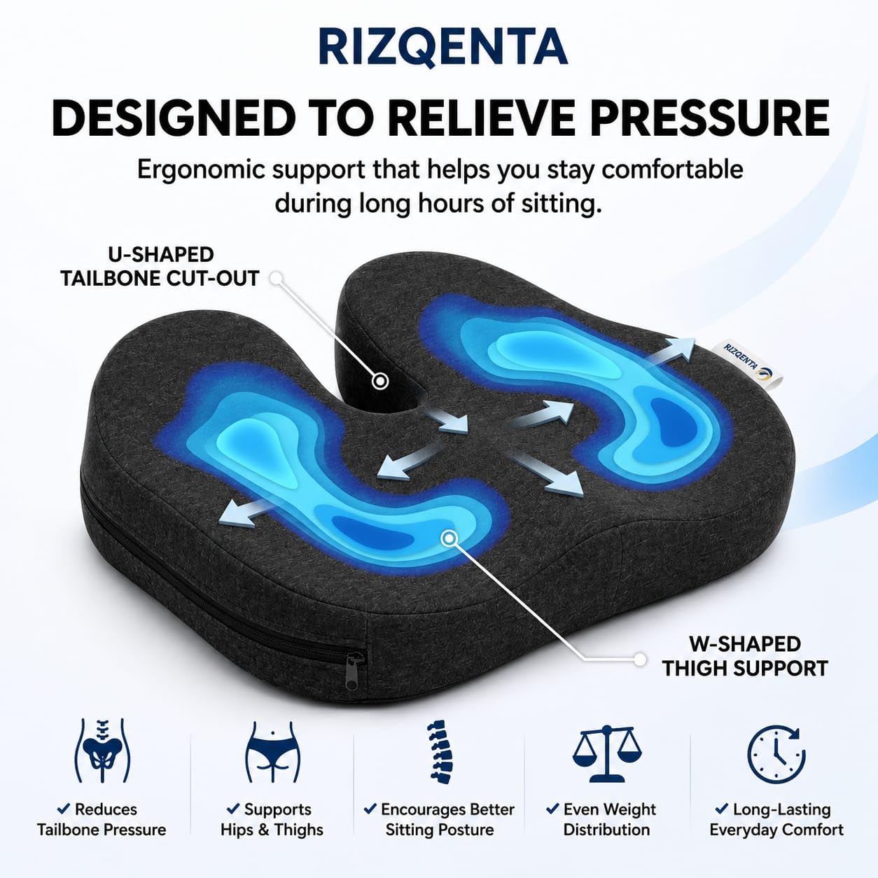 RIZQENTA Memory Foam Office Chair Cushion, Ergonomic U-Shaped Seat Cushion for Coccyx & Tailbone Support, Car Seat, Home, Desk Chair & Wheelchair
