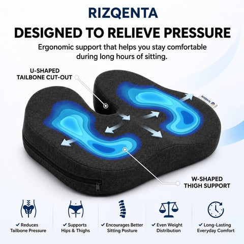 RIZQENTA Memory Foam Office Chair Cushion, Ergonomic U-Shaped Seat Cushion for Coccyx & Tailbone Support, Car Seat, Home, Desk Chair & Wheelchair
