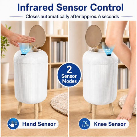 sapisecret 12L Automatic Motion Sensor Bin - Odour-Sealing Lid, Waterproof IPX5, Round Design with Wood-Effect Legs for Bathroom, Kitchen & Office
