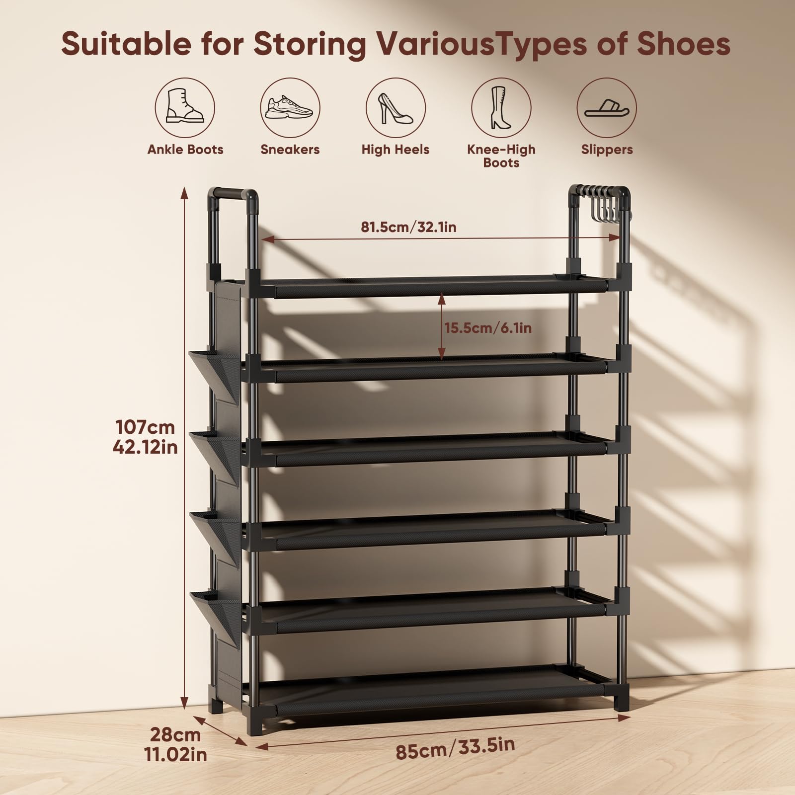 Mavivegue 6 Tier Metal Shoe Rack with 5 Hooks & 4 Side pockets