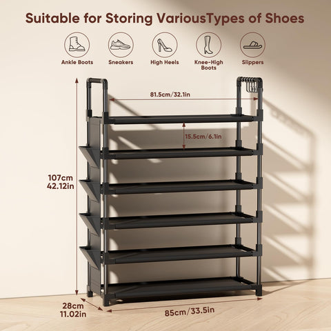 Mavivegue 6 Tier Metal Shoe Rack with 5 Hooks & 4 Side pockets