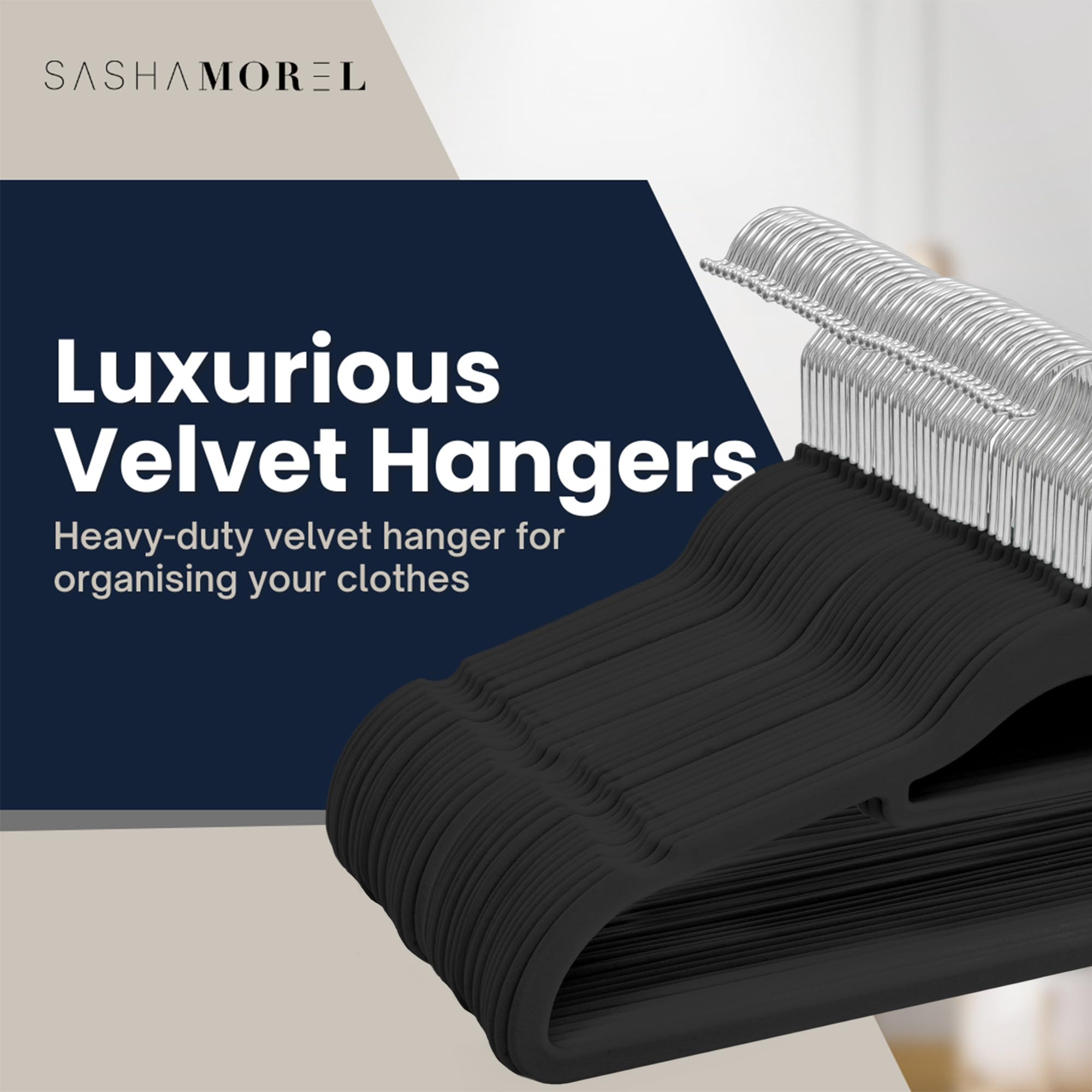 Sasha Morel 50 Pack Velvet Coat Hangers – Non Slip Velvet Hangers for Clothes, Space Saving Adult Hangers with Tie Organizer & Swivel Hooks