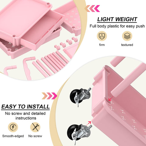Yeabett 3 Tier Craft Trolley, Storage Trolley On Wheels Utility Cart With Drawer For Kitchen, Bathroom, Office, Living Room, Pink