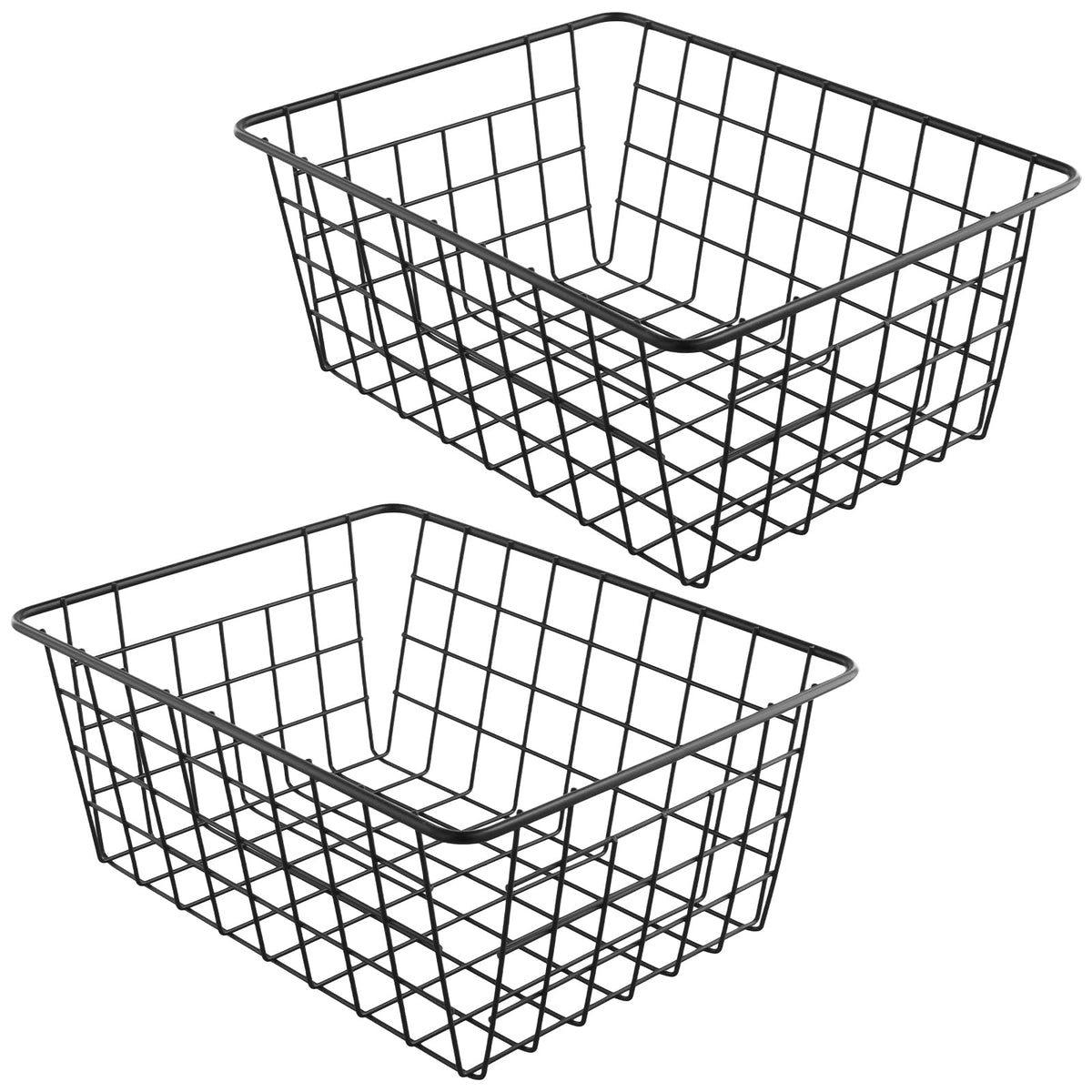 PINGEUI 2 Pack Metal Wire Storage Baskets, 28x22x12cm Black Wire Basket Freezer Storage Organizer Pantry with Handles for Kitchen Cabinet, Pantry