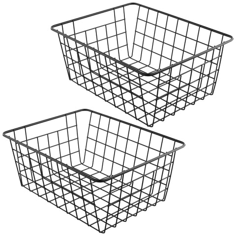 PINGEUI 2 Pack Metal Wire Storage Baskets, 28x22x12cm Black Wire Basket Freezer Storage Organizer Pantry with Handles for Kitchen Cabinet, Pantry