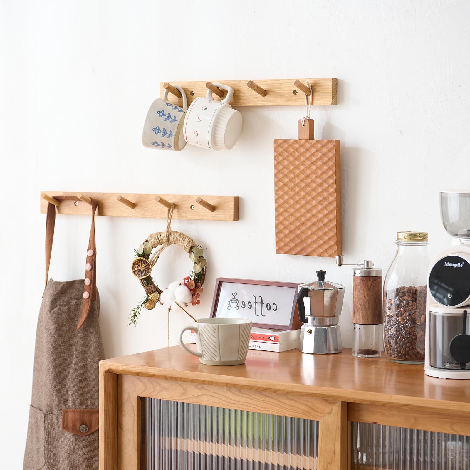 TREOAKWIS Coat Hooks Wall Mounted, 40cm Wooden Coat Rack with 4 Hooks
