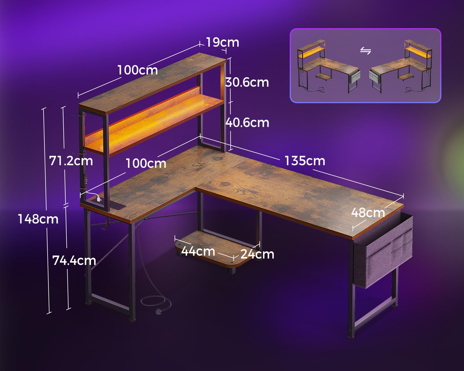 Coleshome L Shaped Gaming Desk with LED Lights & Power Outlet, Brown