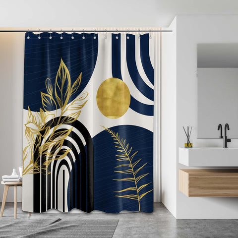 LanZanthic Blue and Gold Shower Curtains for Bathroom Dark Navy Blue Abstract Mid Century Modern Wet Room Shower Curtain with hooks