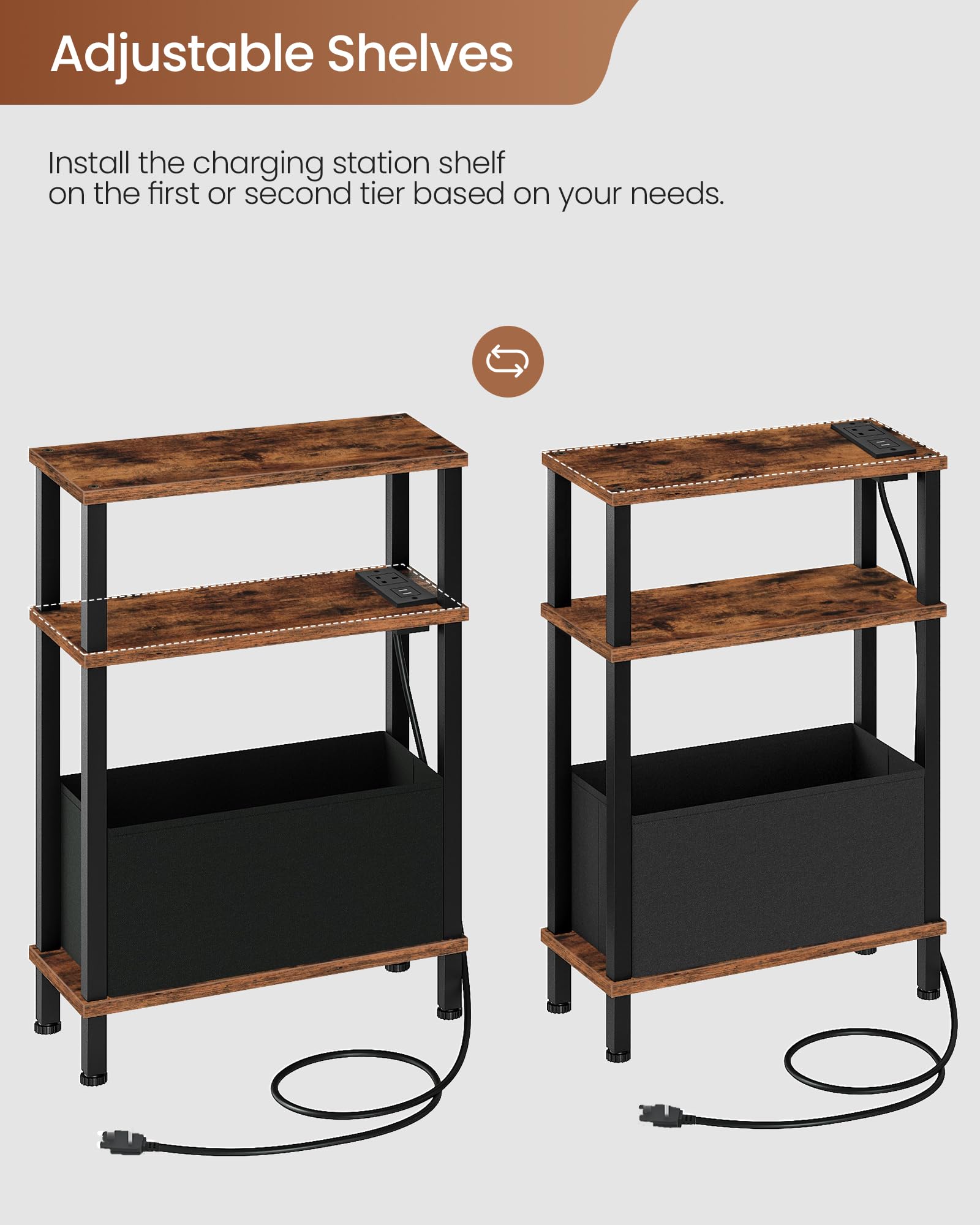 CHOEZON Slim Side Table with Charging Station, 3-Tier Narrow Side Table with Drawer, Skinny Bedside Table, End Table for Small Spaces, for Bedroom
