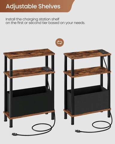 CHOEZON Slim Side Table with Charging Station, 3-Tier Narrow Side Table with Drawer, Skinny Bedside Table, End Table for Small Spaces, for Bedroom