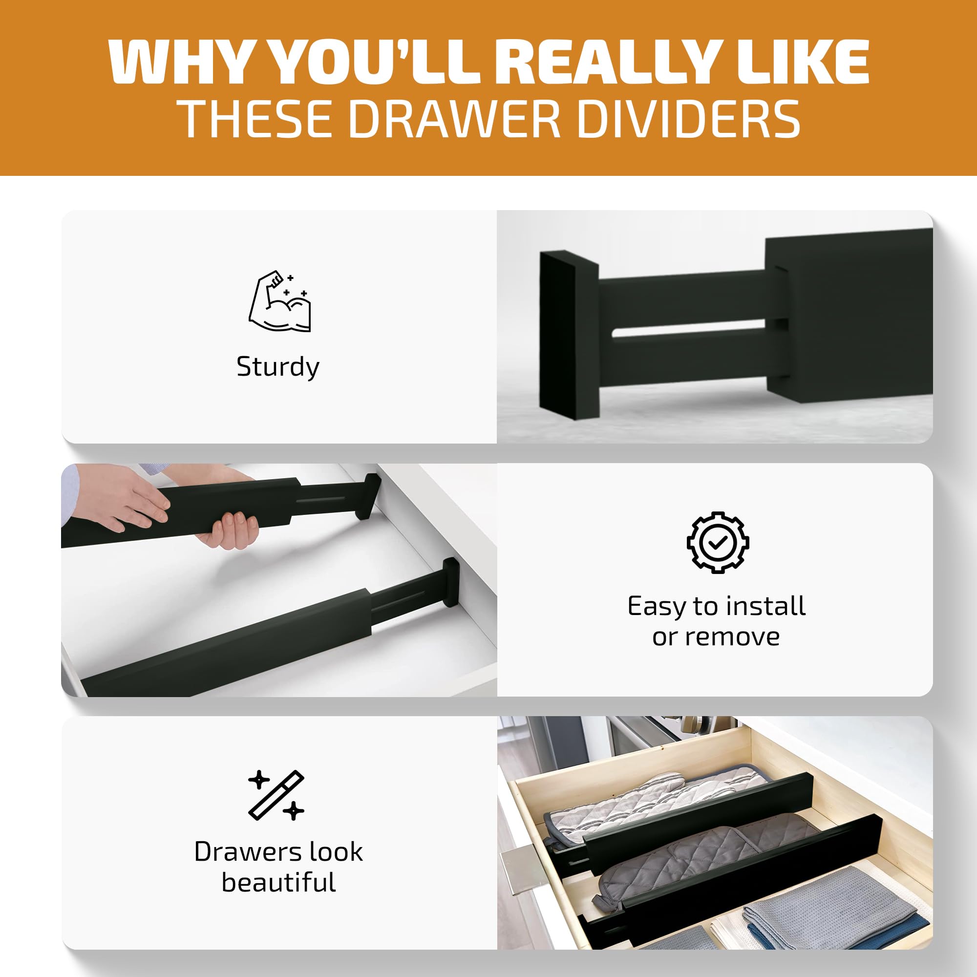 4 Pack Drawer Dividers Bamboo 2.6" High, 16-22" Adjustable Drawer Organizers for Clothes