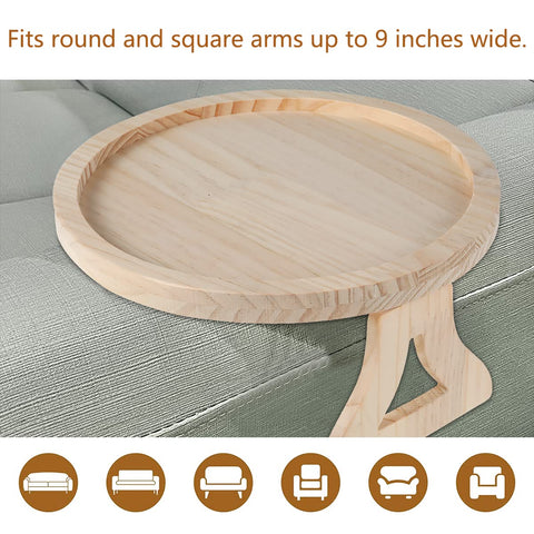 Ghopy Natural Pine Wood Sofa Side Tables Waterproof Round Portable and Foldable Sofa Armrest Clip-On Tray Couch Arm Rest Organizer for Remote Drinks