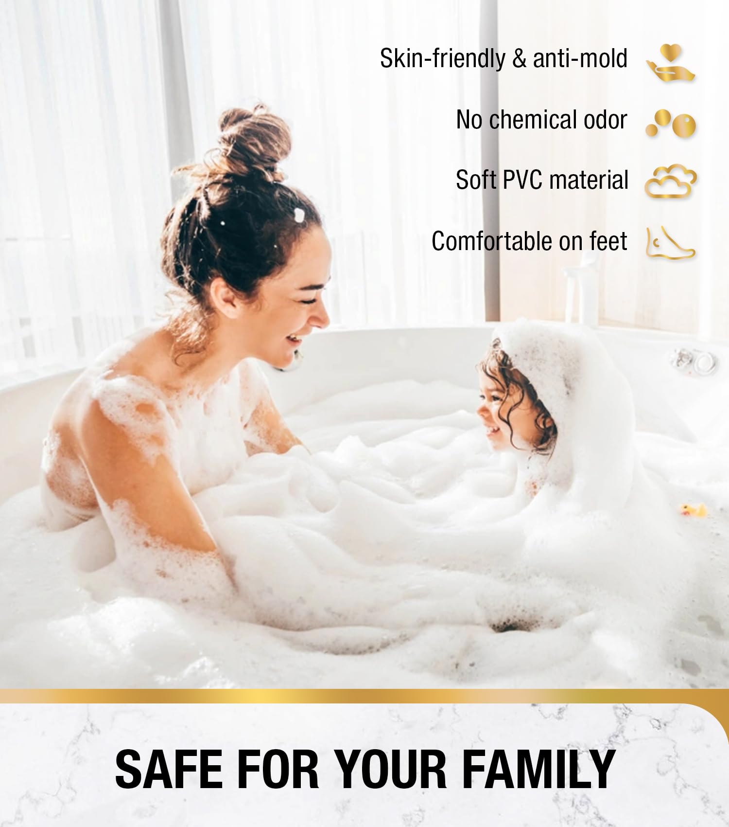 HITSLAM Non Slip Bath Mat for Tub, 101 x 40cm Extra Long Shower Mat Anti Mould, Machine Washable Bathroom Bathtub Mat with Suction Cups and Drain