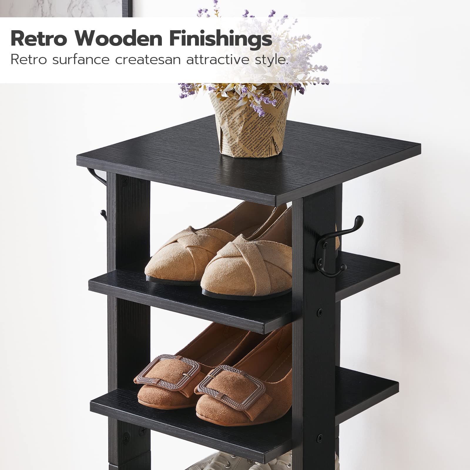 HOOBRO Tall Shoe Rack Wooden, Narrow Shoe Storage Organizer with 2 Hooks, Slim Shoe Shelf, Vertical Shoe Tower for Entrance, Living Room, Hallway