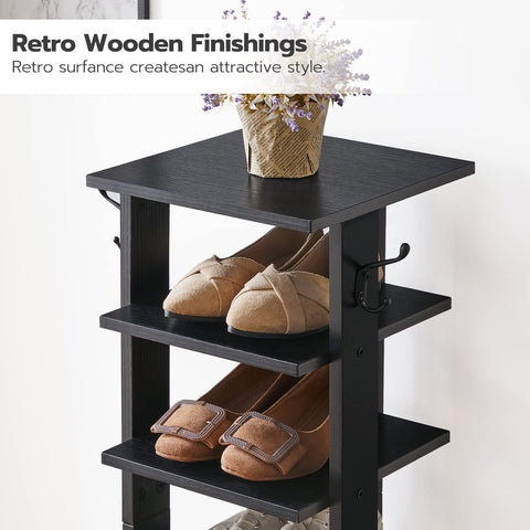 HOOBRO Tall Shoe Rack Wooden, Narrow Shoe Storage Organizer with 2 Hooks, Slim Shoe Shelf, Vertical Shoe Tower for Entrance, Living Room, Hallway