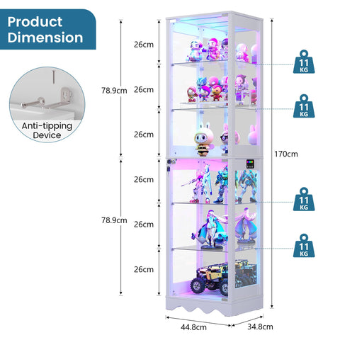 FREDEES Glass Display Cabinet with RGB Lights, 6 Tiers, White