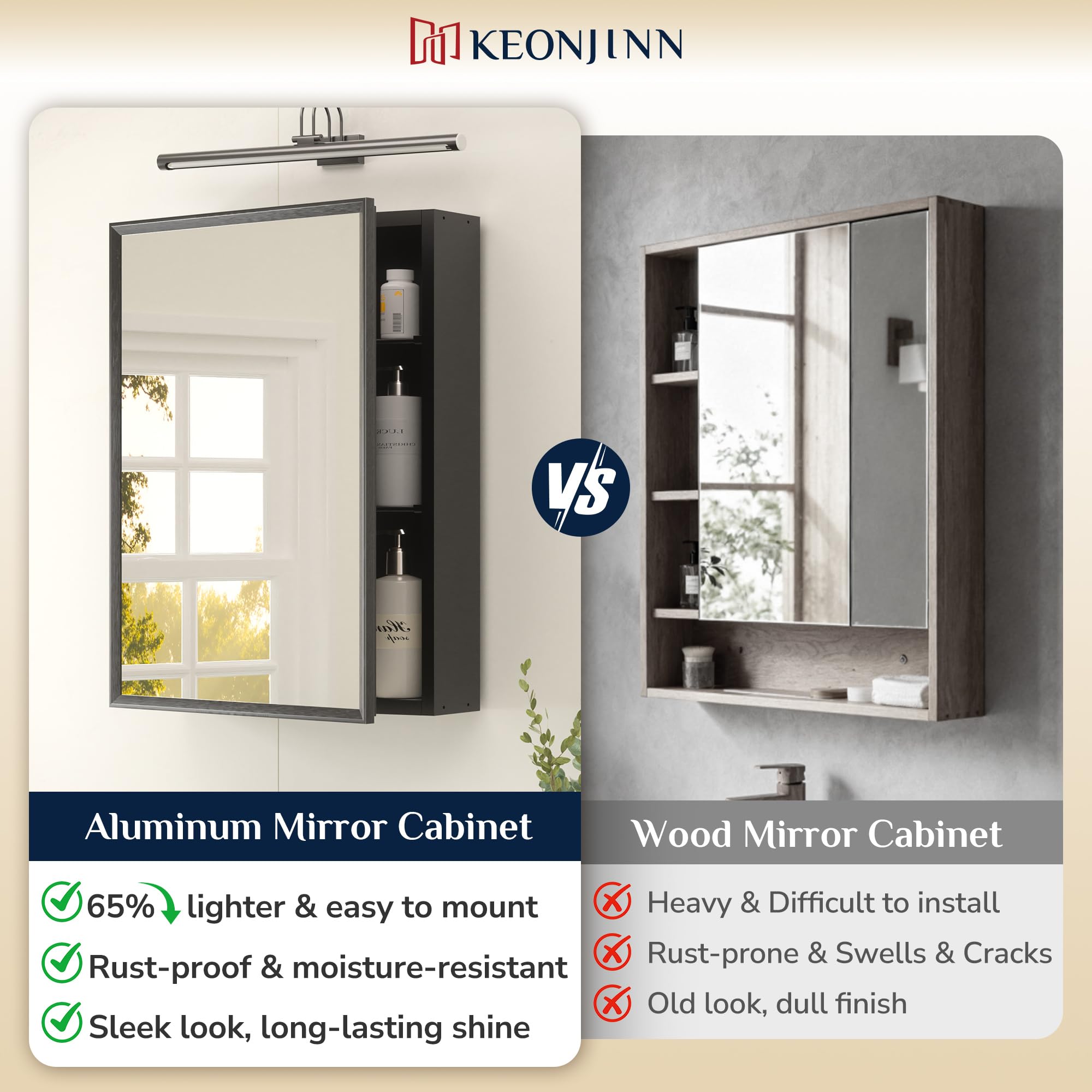 Keonjinn Bathroom Mirror Cabinets 40x60cm, Assembly Required, Black Aluminum Frame Mirrored Bathroom Cabinet Wall Mounted with Storage