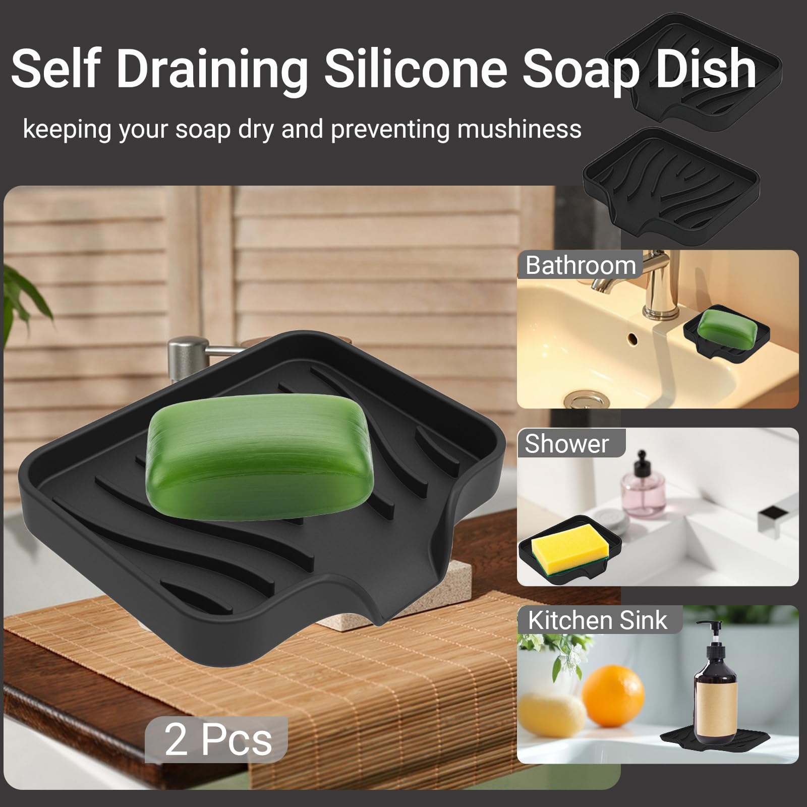 Penbin 2 Pack Silicone Soap Dish with Drain, Bar Soap Holder for Shower & Bathroom, Self Draining Waterfall Soap Tray for Kitchen Sink