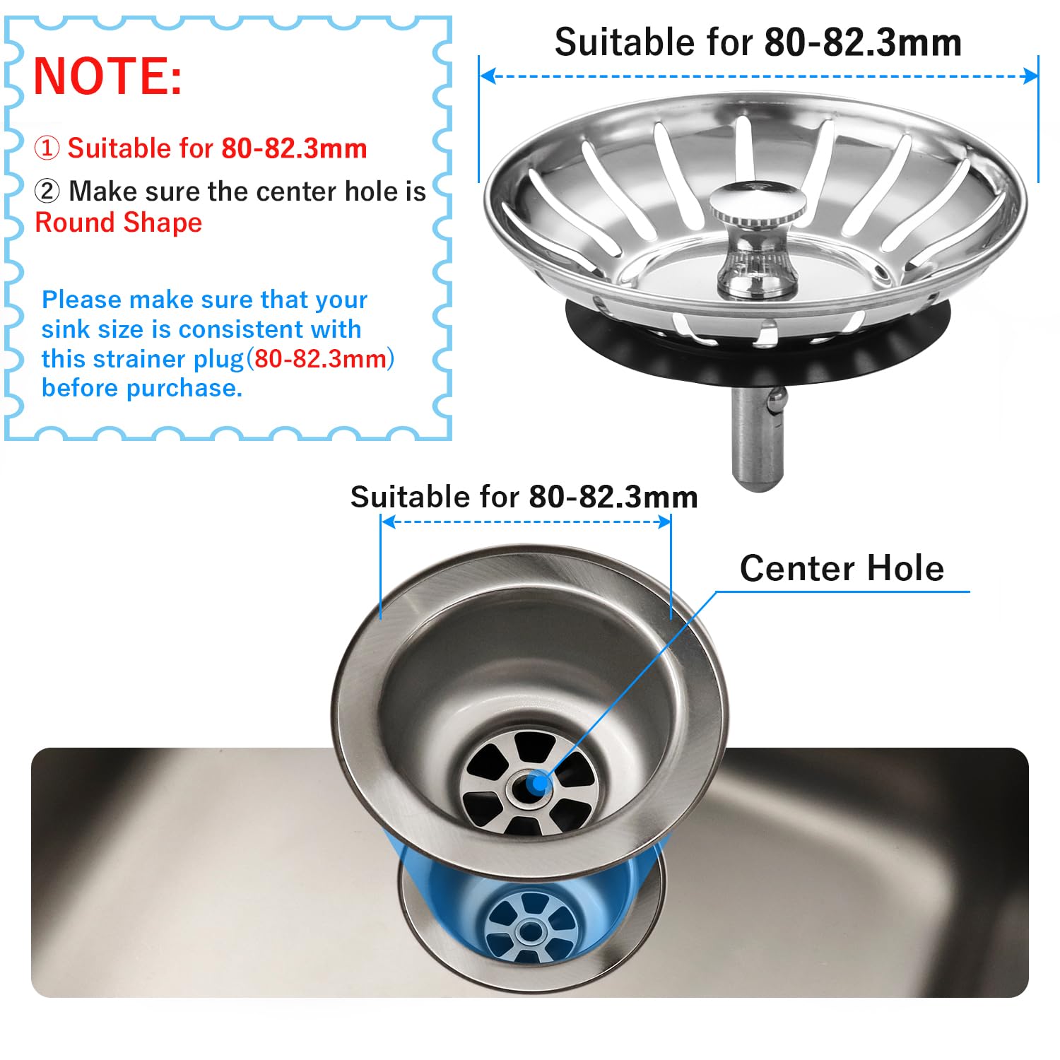 80mm Kitchen Sink Bowl Strainer and Plug, Stainless Steel Sink Plug for Kitchen Bowl Use, Kitchen Bathroom Food Hair Catcher Filter Stopper
