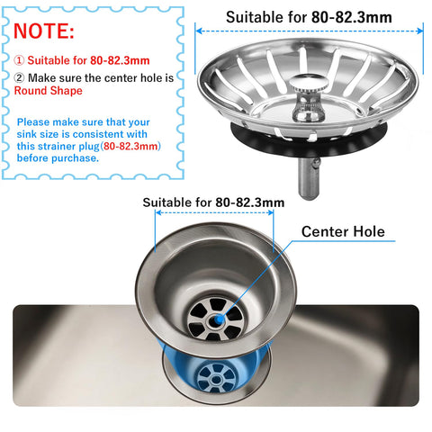 80mm Kitchen Sink Bowl Strainer and Plug, Stainless Steel Sink Plug for Kitchen Bowl Use, Kitchen Bathroom Food Hair Catcher Filter Stopper
