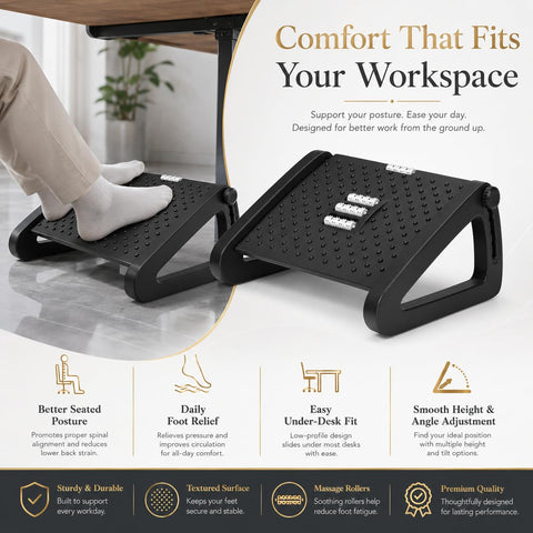 Adjustable Underdesk Footrest - Desk Foot Rest with Moveable Wheels - Foot Stool Under Desk with Large Roller Massage